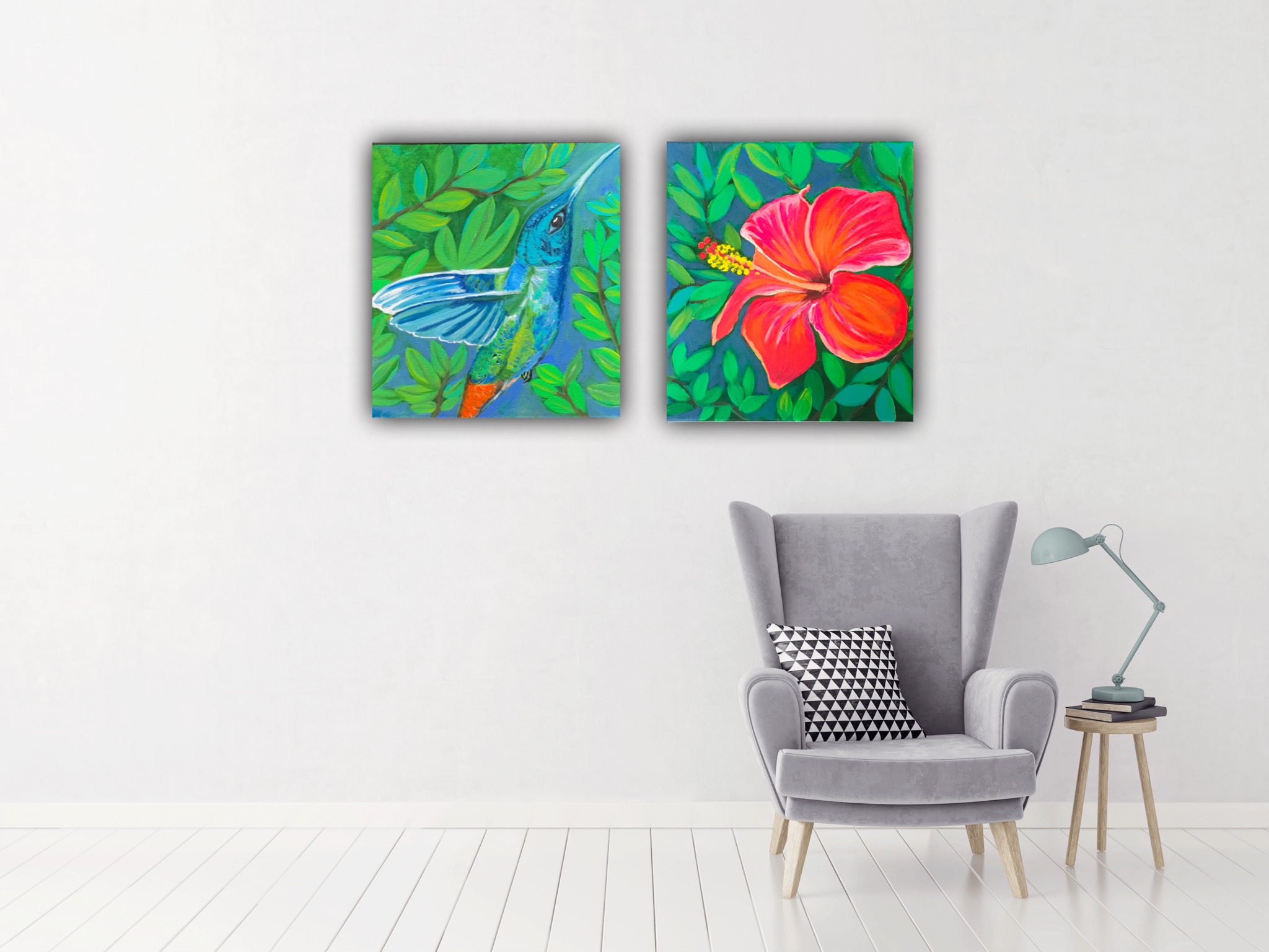 Exotic Hibiskus Kolibri painting - original and print