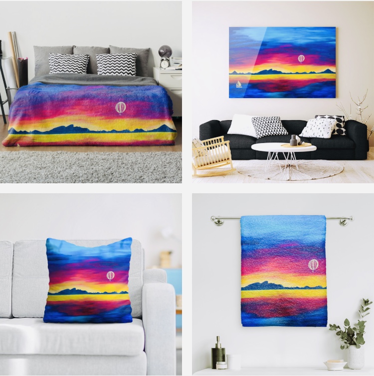 Sunset by the lake painting - Original and print