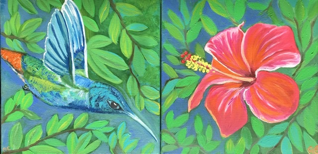 Exotic Hibiskus Kolibri painting - original and print