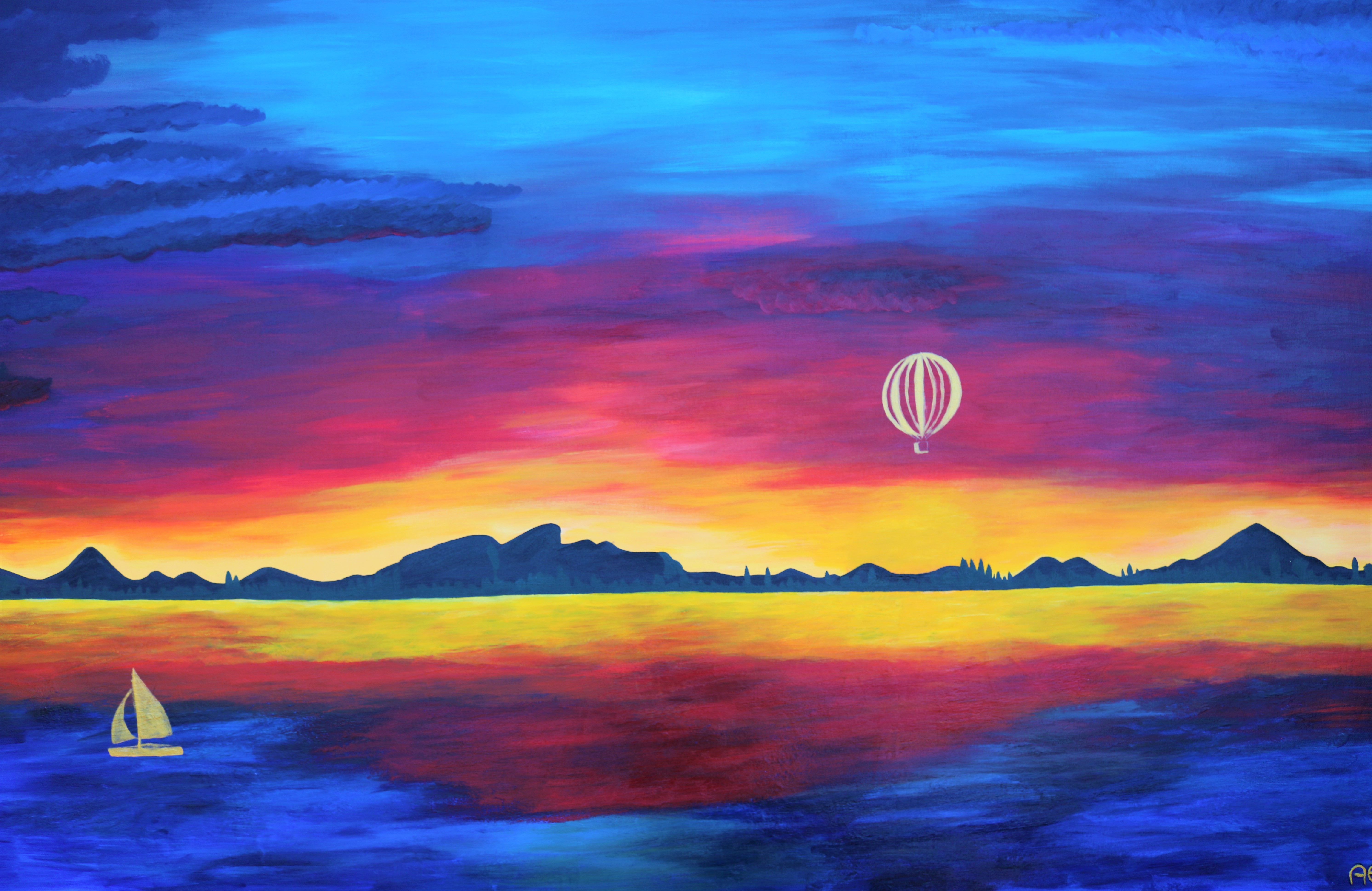 Sunset by the lake painting - Original and print