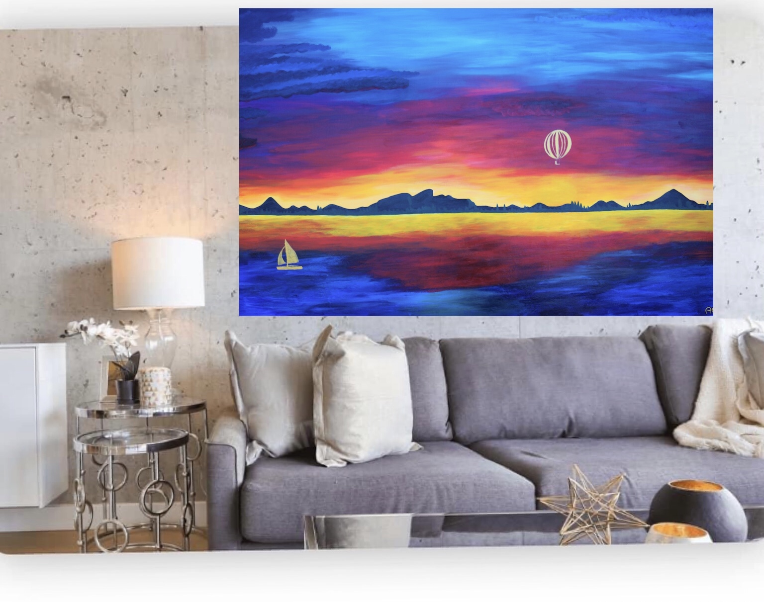 Sunset by the lake painting - Original and print