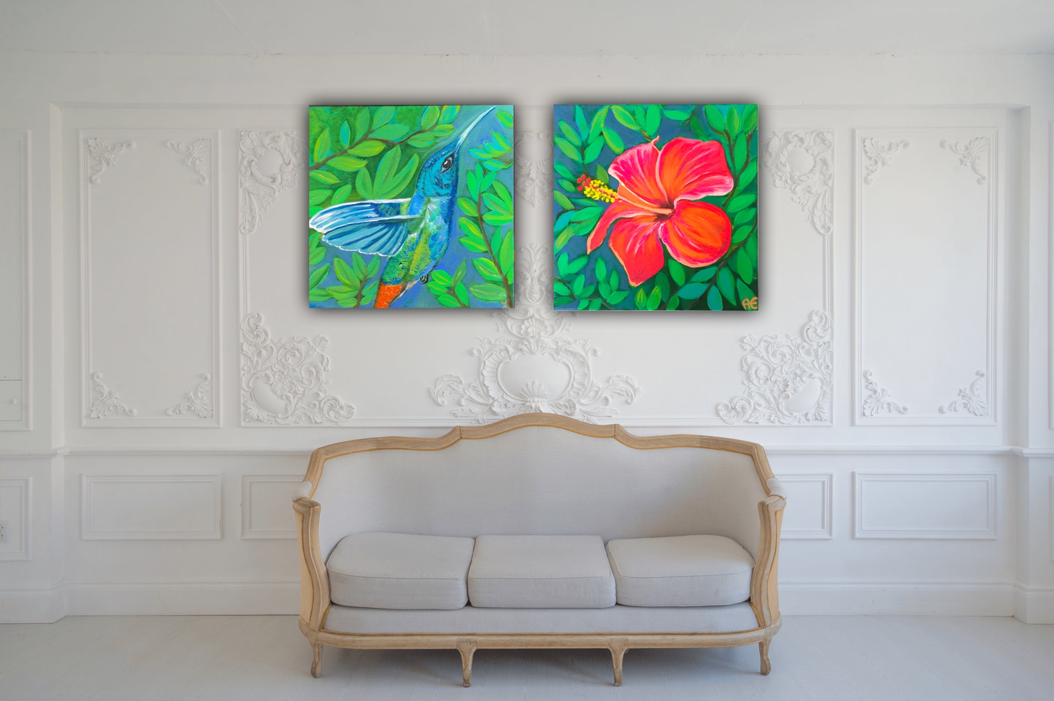 Exotic Hibiskus Kolibri painting - original and print