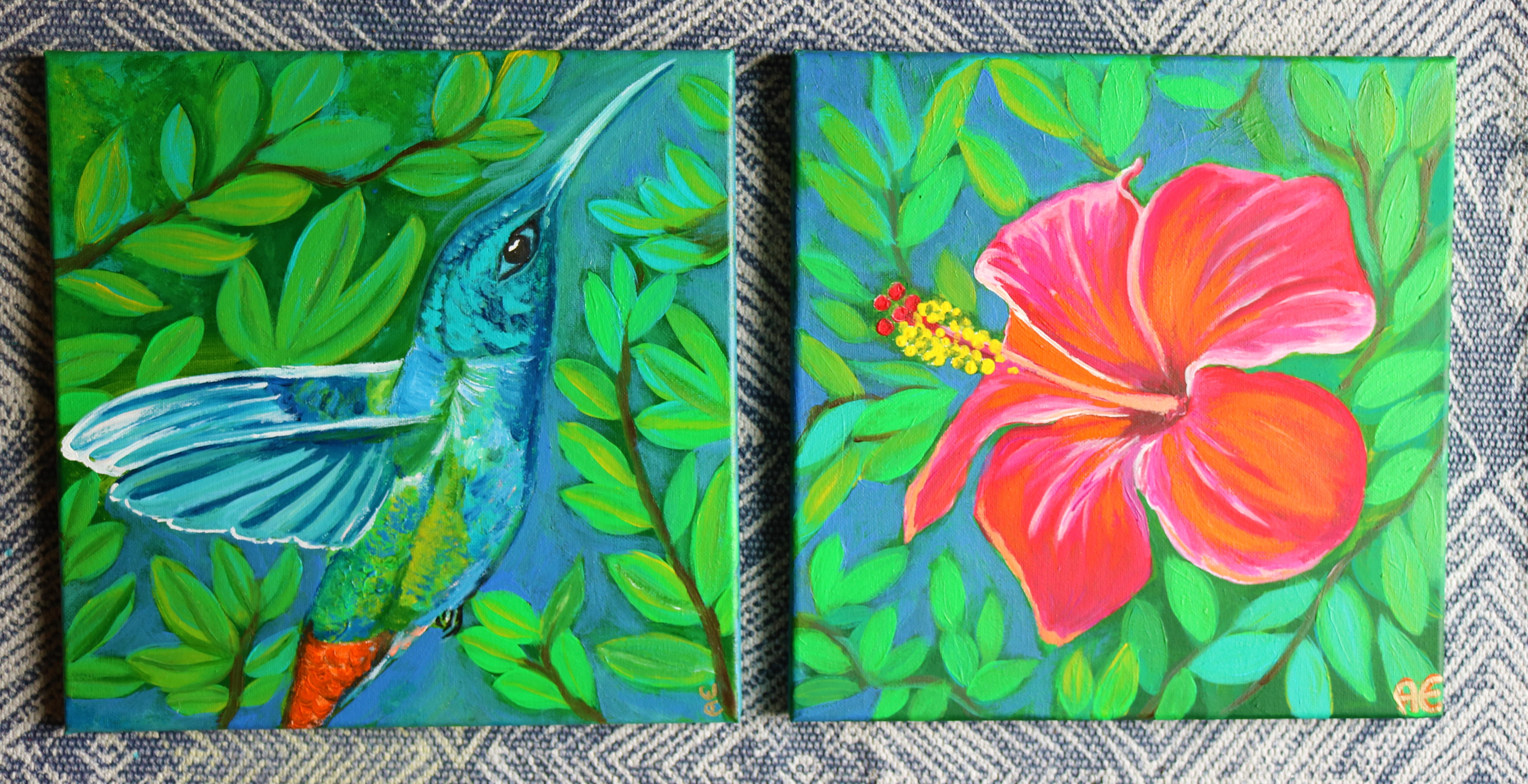 Exotic Hibiskus Kolibri painting - original and print